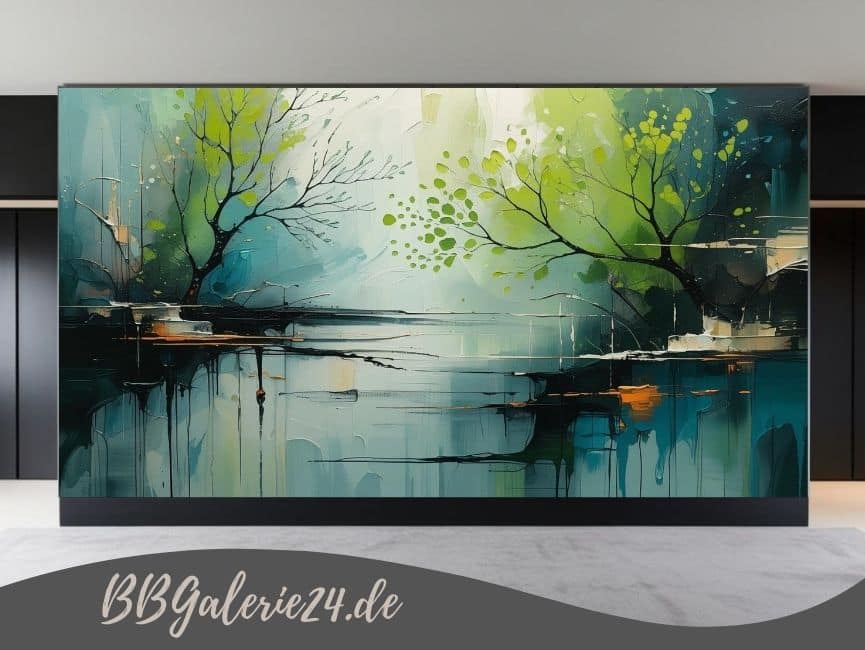 bstraktes Panorama-Wandbild einer Flusslandschaft in Smaragdgrün und Blau mit fließenden goldenen Linien und Lichtreflexen.