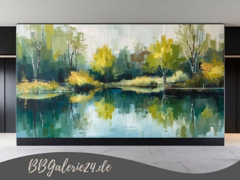 Modernes abstraktes Panorama-Wandbild einer weiten Seenlandschaft in Smaragdgrün und Blau mit glänzenden goldenen Wellenreflexen.