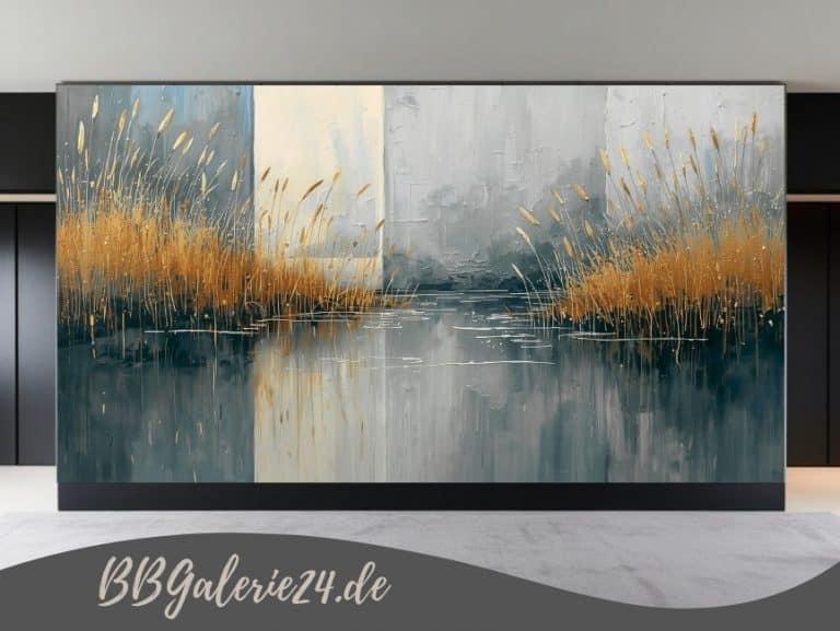 Modernes abstraktes Wandbild einer skandinavischen Seenlandschaft in den Farben Grau und Beige mit luxuriösen goldenen Lichtakzenten.