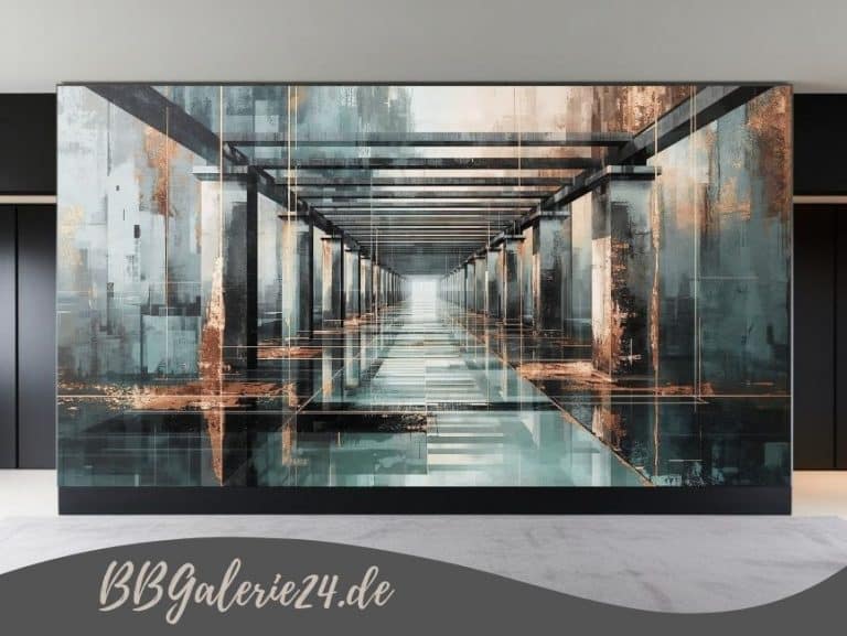 Modernes abstraktes Wandbild eines Laubengangs in Anthrazit mit silbernen und bronzefarbenen Lichtakzenten und starker perspektivischer Tiefenwirkung.