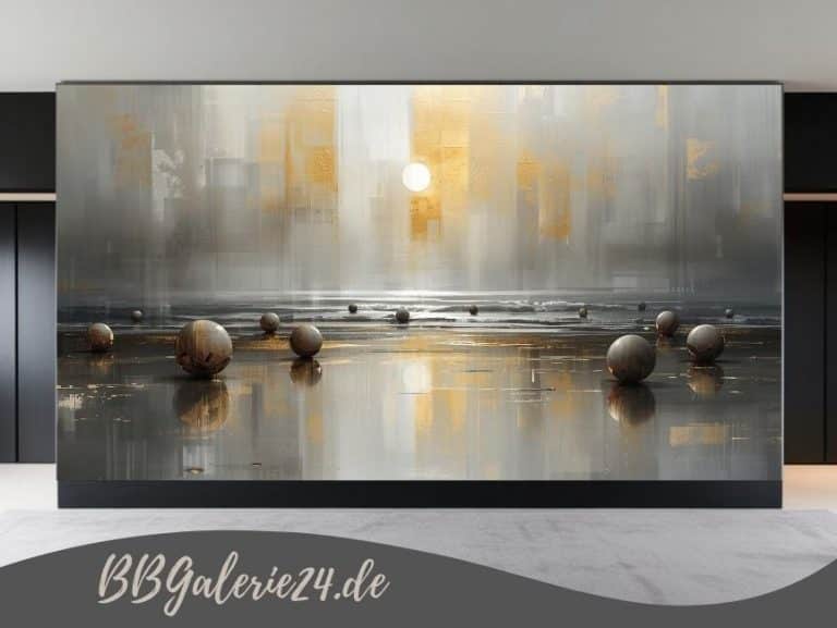 Modernes abstraktes Wandbild einer Küstenlandschaft mit Spiegelung im Wasser, goldenen Kugeln und einer Sonne in den Farben Grau, Beige und Gold mit starker Tiefenwirkung.