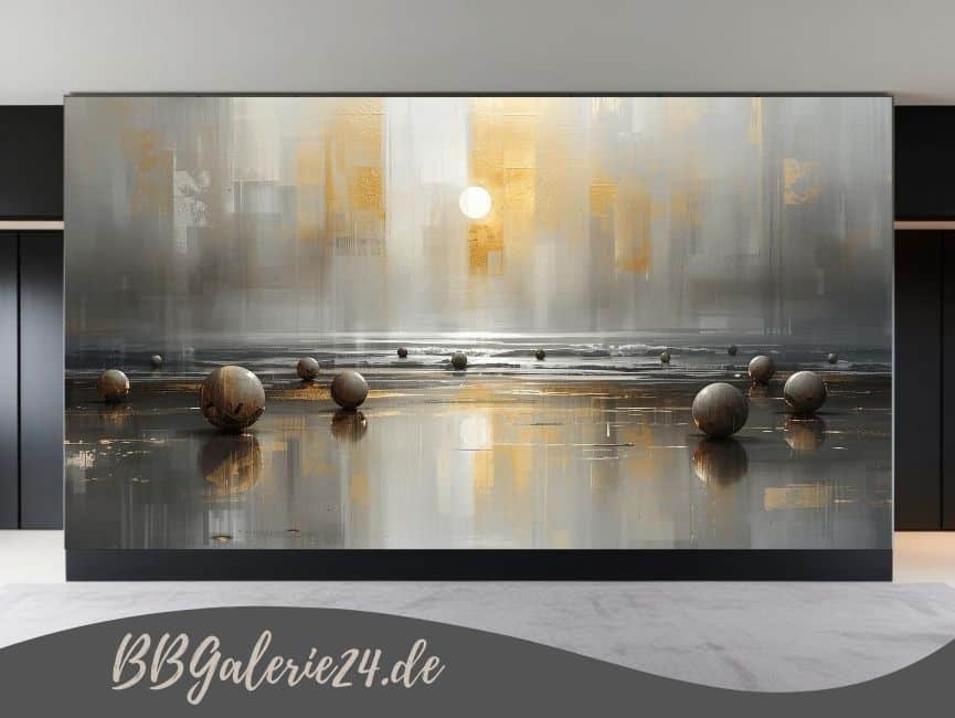 Modernes abstraktes Wandbild einer Küstenlandschaft mit Spiegelung im Wasser, goldenen Kugeln und einer Sonne in den Farben Grau, Beige und Gold mit starker Tiefenwirkung.
