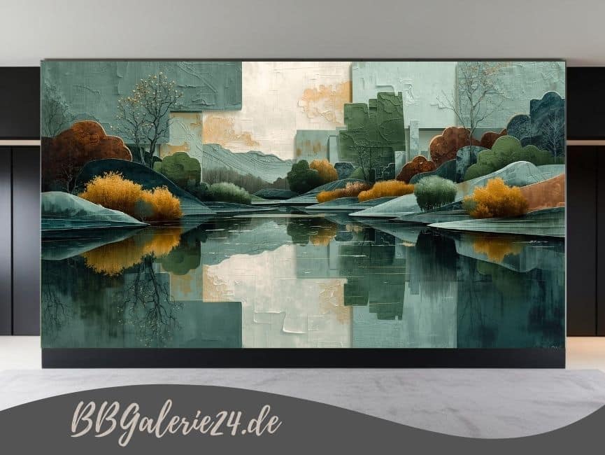 Modernes abstraktes Wandbild einer Seenlandschaft im Frühling in Anthrazit, Blau und Grün mit luxuriösen goldenen Akzenten und starker räumlicher Tiefe.