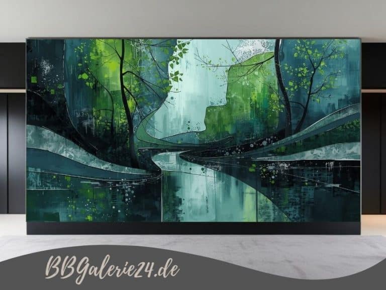 Modernes abstraktes Wandbild in Smaragdgrün und Anthrazit mit einer horizontalen Spiegelung und starker räumlicher Tiefenwirkung.