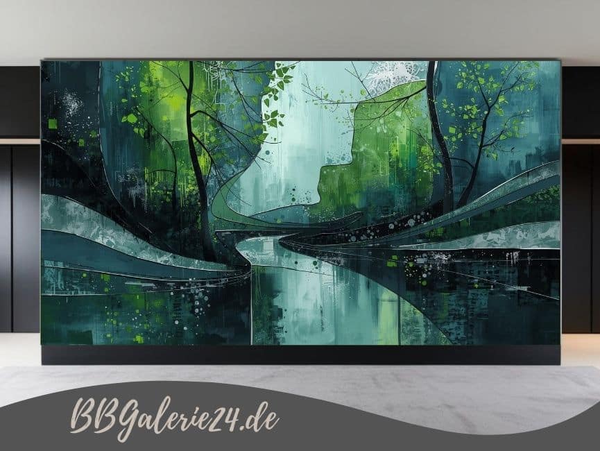 Modernes abstraktes Wandbild in Smaragdgrün und Anthrazit mit einer horizontalen Spiegelung und starker räumlicher Tiefenwirkung.