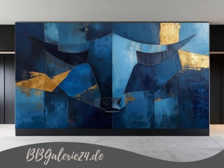 Expressives Wandbild eines abstrakten Stierkopfes mit goldenen Konturen und Hörnern vor einem strukturierten dunkelblauen Hintergrund, gestaltet in einem modernen, kraftvollen Stil.