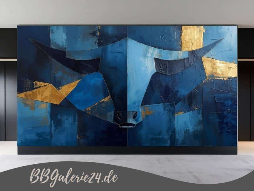 Expressives Wandbild eines abstrakten Stierkopfes mit goldenen Konturen und Hörnern vor einem strukturierten dunkelblauen Hintergrund, gestaltet in einem modernen, kraftvollen Stil.