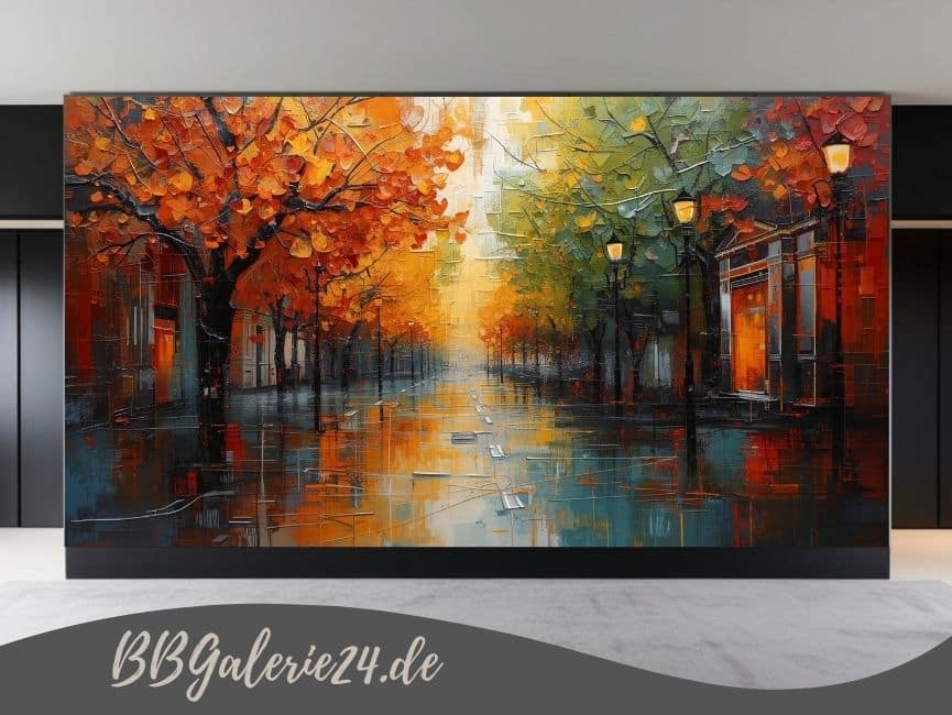 bstraktes Wandbild einer beleuchteten Straßenschlucht mit Laternen in den Kontrastfarben Smaragdgrün und Orange mit edlen Goldakzenten und starker Perspektive.