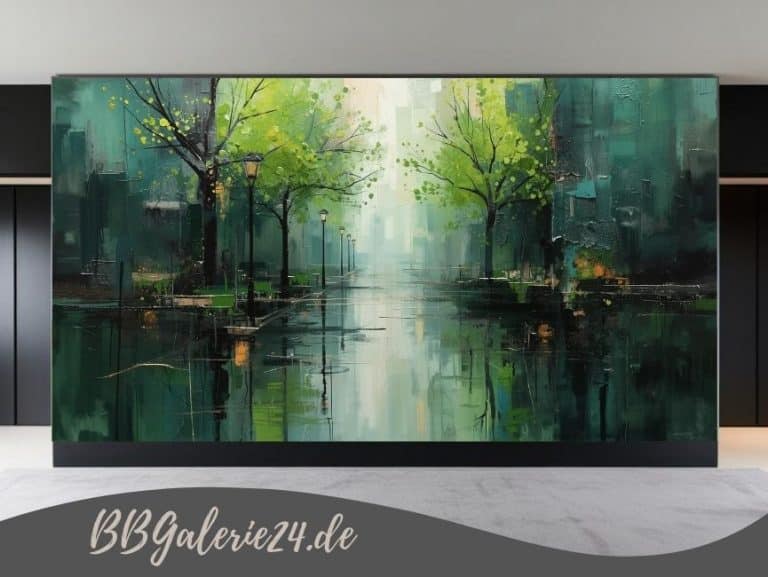 Modernes abstraktes Wandbild einer Architektur-Perspektive in Anthrazit und Smaragdgrün mit luxuriösen goldenen Linien und starker Tiefenwirkung