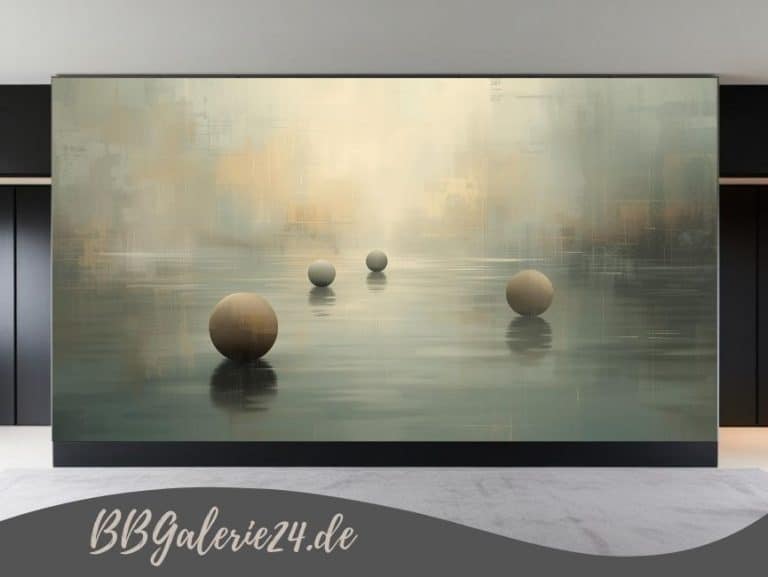 Modernes abstraktes Wandbild mit goldenen schwebenden Kugeln über einer spiegelnden Wasserfläche in verschiedenen Grautönen und Anthrazit.