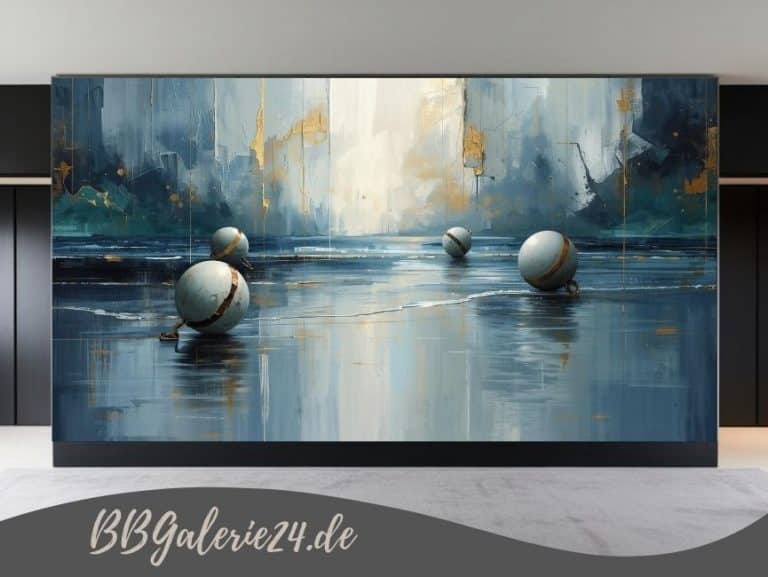 Abstraktes modernes Wandbild mit blauem Hintergrund und goldenen, leuchtenden Sphären, die an Lichtreflexe unter Wasser erinnern.