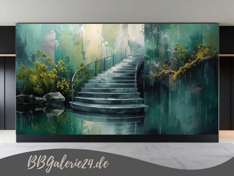 Modernes abstraktes Wandbild einer Treppenflucht in tiefem Smaragdgrün mit glänzenden Silberkanten und extremer perspektivischer Tiefenwirkung.