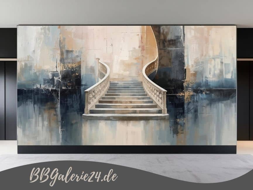 Modernes abstraktes Wandbild eines prachtvollen Treppenhauses in Tiefblau mit goldenen Verzierungen und einer extremen perspektivischen Tiefenwirkung.