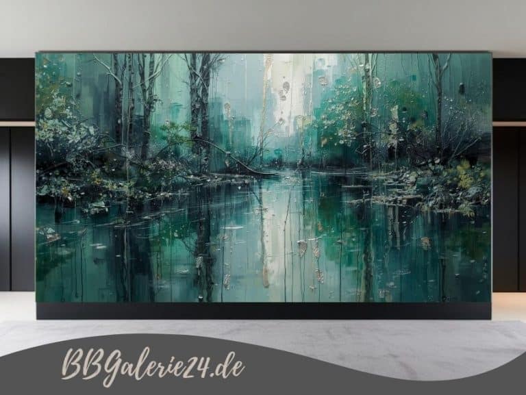 Modernes abstraktes Wandbild einer Landschaft in Smaragdgrün und Mint mit glänzenden silbernen Akzenten und Tiefenwirkung.