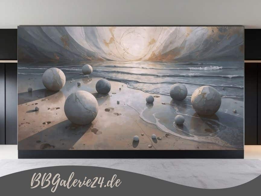 Abstraktes Wandbild Kugeln an einem mystischen Strand vor einem Sonnenuntergang beige blau gold
